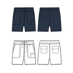 the front and back view of shorts with pockets on each side, in different colors