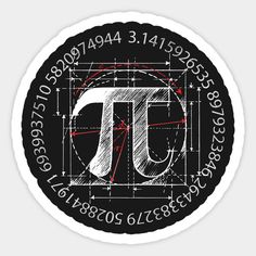 a black and white circle with the pi symbol in red on it's center