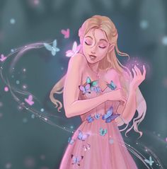 a girl in a pink dress with butterflies around her