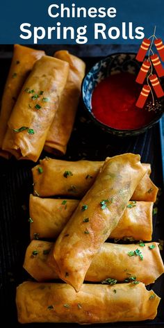 chinese spring rolls with dipping sauce on the side