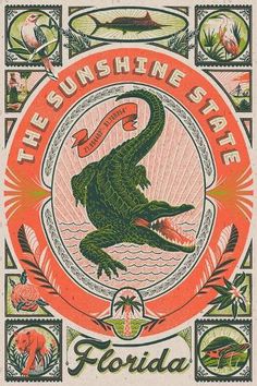 an advertisement for the sunshine state in florida, with alligators and tropical plants on it