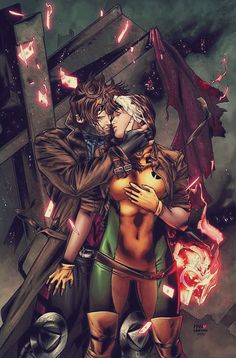 an image of two people hugging in front of a demonic demon with his arm around the woman's neck