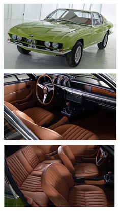 the interior and dashboard of an old green car with brown leather upholstered seats