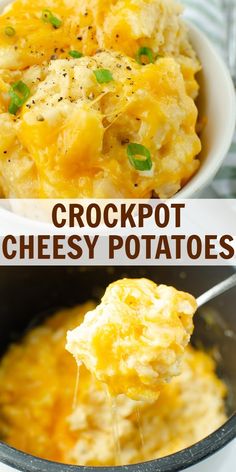 crockpot cheesy potatoes in a white bowl with the title above it