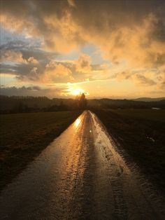 the sun is setting over an open field with a wet road in front of it
