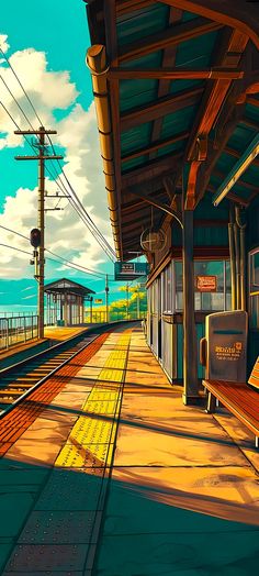 a painting of a train station with the sky in the background