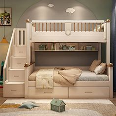 a child's bedroom with a bunk bed and stairs in the ceiling, next to a rug on the floor