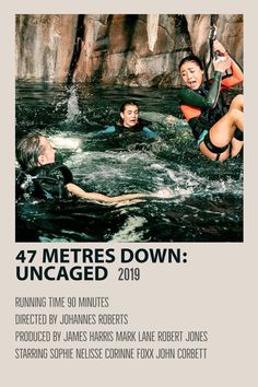 a group of people riding on the back of a raft in water with text that reads 47 meters down uncaged