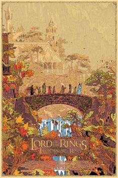 the lord of the rings movie poster with people walking across a bridge in front of a castle