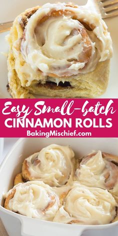 cinnamon rolls with cream cheese frosting in a white dish