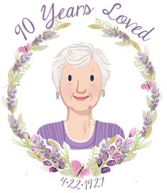 an old woman with flowers around her neck and the words 40 years loved on it