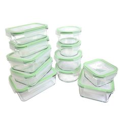 a stack of glass containers with lids on top