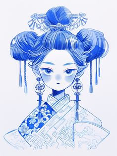 a drawing of a woman with blue hair and two buns on her head, holding an umbrella