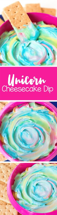 unicorn cheesecake dip recipe with crackers in the middle and colorful liquid on top