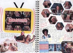 an open book with pictures of people and words on the pages, including images from tv shows