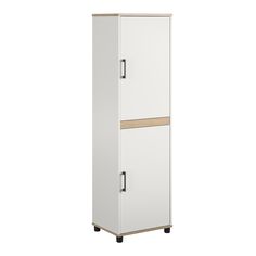 a tall white cabinet with two doors on the front and one door open to reveal a drawer