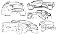 four sketches of different cars on a white background