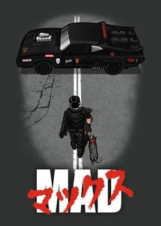 the movie poster for mad is shown in black and red with an image of a man walking