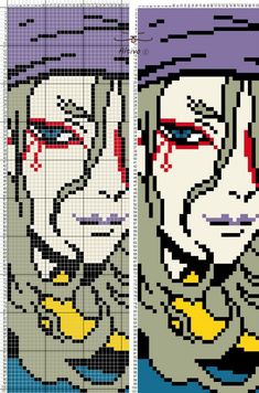 three pixellated images of the same character in different colors and sizes, each with their own face