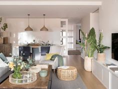 a living room filled with furniture and lots of plants on top of a wooden table