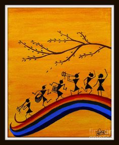 an abstract painting with people playing instruments and dancing on the beach in front of a tree