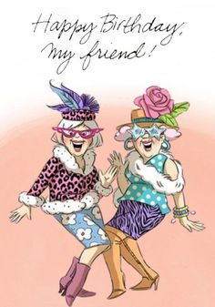 two women wearing hats and dresses are dancing together with the words happy birthday my friend