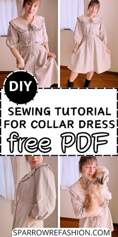 the instructions for how to sew a collar dress in three different styles and sizes