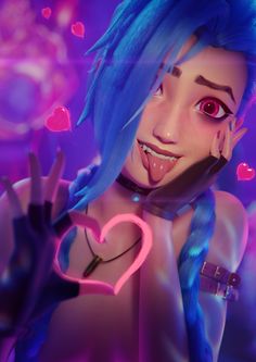 an animated girl with blue hair and piercings holding up her hand in front of the camera