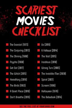 the scariest movies checklist is shown in red and black with blood splatters