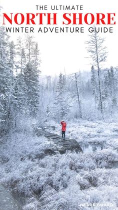 text "what to do on the north shore mn winter" over image of a photographer in the winter woods hiking Minnesota Hiking Trails, Minnesota Hiking, North Shore Minnesota, Grand Marais Minnesota, Hiking Winter, Minnesota Winter, Winter Reads, Winter Travel Destinations