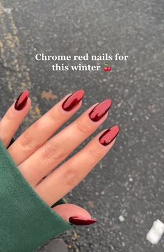 Jaci Marie Smith Profile, Dark Red Nails Chrome, Dark Red Crome Nails, Trendy Nails Fall 2023, Winter Nail Inspo 2023 Almond, Trendy Almond Acrylic Nails, Wine Red Chrome Nails, Mail Inspo 2023 Fall, Dark Red Nails With Chrome