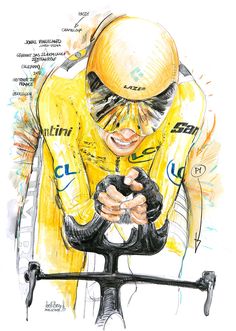 a drawing of a person on a bike holding a cell phone in their hand and wearing a helmet