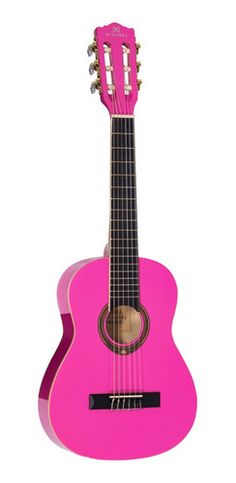 a pink acoustic guitar is shown against a white background