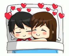 two people are laying in bed with hearts on the head and one has his eyes closed