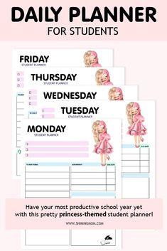 the daily planner for students is shown in pink and black with an image of a doll on