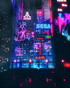 the city is lit up at night with neon signs and buildings in the foreground