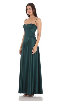 Satin Square Neck Maxi Dress in Green | LUCY IN THE SKY Satin Green Maxi Dress, Floor Length Green Dress, Satin Floral Maxi Dress, Slash Neck Dress, Dark Teal Dresses Formal, Emerald Green Bridesmaid Dresses Summer, Long Green Formal Dress, Jewel Tone Dresses, Blue Square Neck Dress