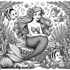 a mermaid sitting on top of a rock surrounded by fish