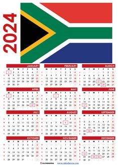 a calendar with the flag of south africa in red, green and blue colors on it