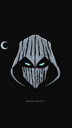 the moon knight logo is shown in black and white, with green eyes on it