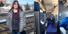 two women are standing on the train next to each other and one is looking at the camera