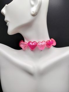 This choker is beaded with large pink and hot pink sparkly heart beads. It fits a maximum of 40cm, fitting extra small and large necks. Pink Heart Necklace, Lizzie Hearts, Catty Noir, Pink Sparkly, Heart Choker, Hearts Necklace, Pink Jewelry, Pink Hearts