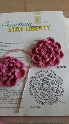 two crocheted flowers sitting on top of a piece of paper