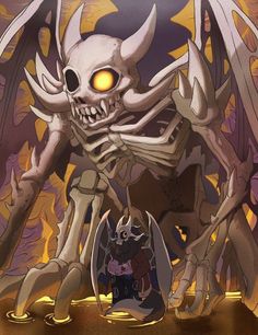 an animated skeleton character standing in front of a demonic looking demon with glowing eyes and horns
