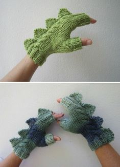 two pictures of hands with green knitted mittens and one showing the fingers that have been made