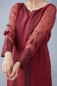 Buy Maroon abhra kurta set -Designer Wear - Ensemble Kurti Sleeves Design, Sleeves Designs, Dresses Designs, Kurti Designs Latest