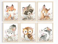 four pictures of animals with flowers on them