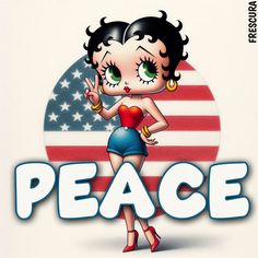 an image of a woman with the word peace in front of her face and american flag