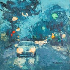 an oil painting of cars driving down the road at night with street lights and trees