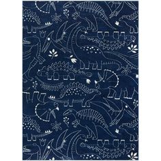 a blue and white rug with dinosaurs in the middle, on top of a black background